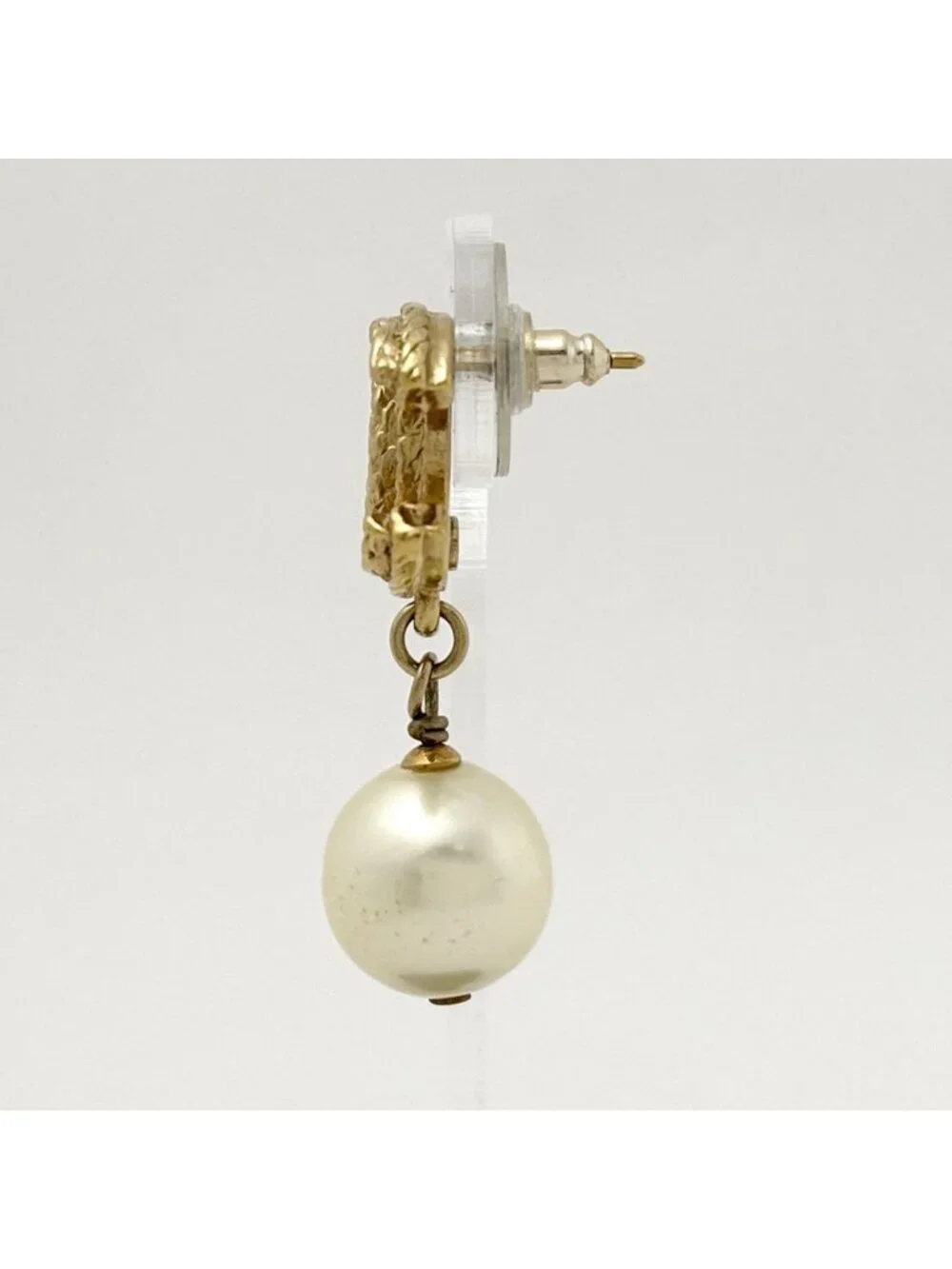 Chanel Earrings CC Logo Swing Faux Pearl Gold White